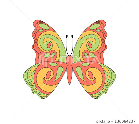 Groovy retro butterfly with colorful swirl cartoon graphic style and 70s funky vibe. This playful nature figure appears as a groovy element in abstract y2k and vintage illustration for creative Groovy retro butterfly with colorful swirl cartoon graphic style and 70s funky vibe. This playful nature figure appears as a groovy element in abstract y2k and vintage illustration for creative 136064237