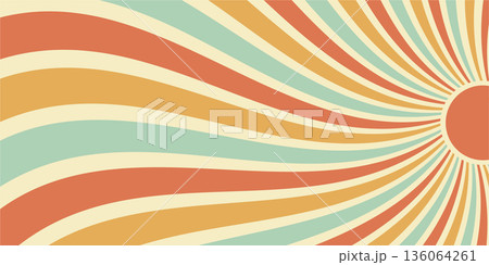 Groovy retro sun burst wavy background with orange and yellow wave in y2k sunshine style. Abstract sun and burst motif, horizontal orientation, vibrant graphic for playful visual context. Groovy retro sun burst wavy background with orange and yellow wave in y2k sunshine style. Abstract sun and burst motif, horizontal orientation, vibrant graphic for playful visual context. 136064261