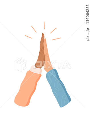 Flat style diverse hands gesture. Symbol of teamwork, solidarity, and community with highfive and palms together. Support unity concept, colorful design for social themes partnership. 136064288