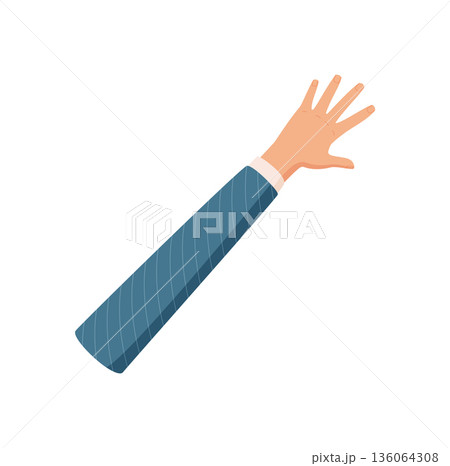 Cartoon hand gesture with open palm showing number five. Flat style arm with blue sleeve and bare skin. Signal for counting or math education, visually appealing in a clean design, suitable for Cartoon hand gesture with open palm showing number five. Flat style arm with blue sleeve and bare skin. Signal for counting or math education, visually appealing in a clean design, suitable for 136064308