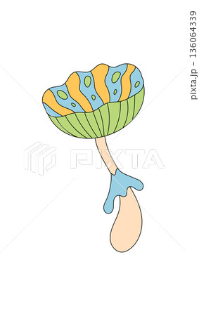 Groovy psychedelic mushroom sticker cartoon in a colorful retro and funky trippy magic style. Groovy element with y2k flair, this mushroom design adds a playful and unique touch. The sticker uses 136064339