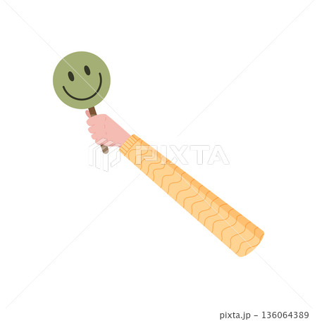 Cartoon hand holding a circular feedback icon. Circular shape element symbolizing customer satisfaction and positive review. Isolated concept for vote, like, or quality evaluation. Cartoon hand holding a circular feedback icon. Circular shape element symbolizing customer satisfaction and positive review. Isolated concept for vote, like, or quality evaluation. 136064389