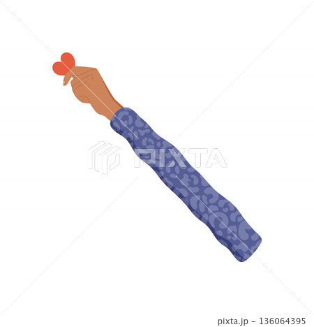 Flat style hand holding red heart symbol. Open arm with love gesture, compassion, and volunteer aid. Represents charity, support, and hope in nonprofit social contribution contexts. 136064395