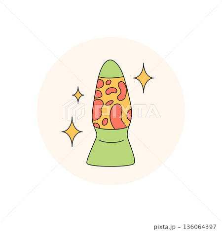 Psychedelic groovy lava lamp in green with flat retro style sticker. Vintage label and music lid graphic, y2k package emblem in circle shape. Trendy cool badge. 136064397