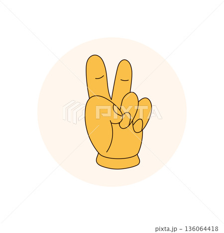 Groovy retro hand in peace symbol, yellow circle flat sticker badge. Y2k style label for package lid with playful and cool character. Ideal for retro product branding and packaging. 136064418