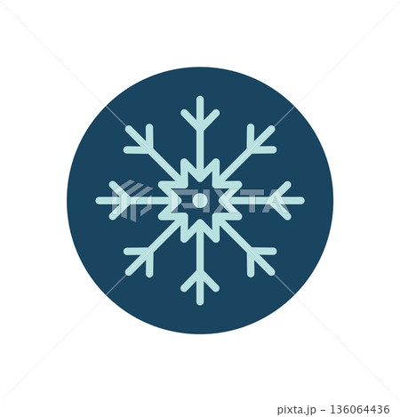 Round blue snow flake sticker with white outline forms a winter ornament. Holiday snowflake element as xmas seal for box or package, decorative graphic for seasonal use. 136064436