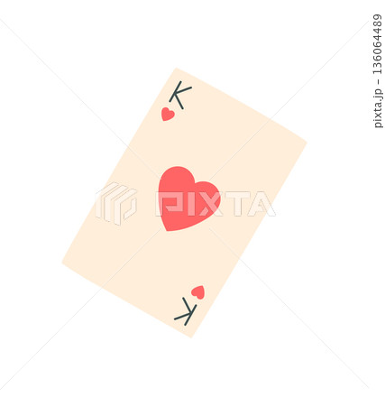 Flat poker playing card with red heart. King card for table games and boardgame entertainment. Simple concept for casino fun, leisure activities, and game tournaments. Flat poker playing card with red heart. King card for table games and boardgame entertainment. Simple concept for casino fun, leisure activities, and game tournaments. 136064489