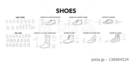 Shoes collection anatomy diagrams of main styles and heel toe set. Multi style footwear construction guide with labeled 136064524