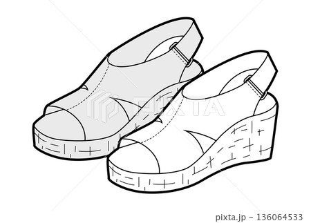 Espadrille wedge sandal shoe women sketch pair. Peep toe slingback sandal with jute wedge for casual summer outfit. Espadrille wedge sandal shoe women sketch pair. Peep toe slingback sandal with jute wedge for casual summer outfit. 136064533