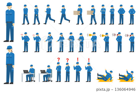 フラットイラスト：青い作業着とキャップを着た作業員セット(表情あり) 136064946