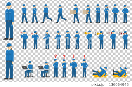 フラットイラスト：青い作業着とキャップを着た作業員セット(表情あり) 136064946