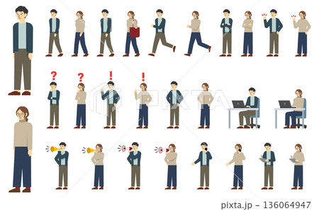 フラットイラスト：カジュアルな服を着た男女セット(表情あり) 136064947