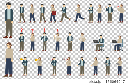 フラットイラスト：カジュアルな服を着た男女セット(表情あり) 136064947