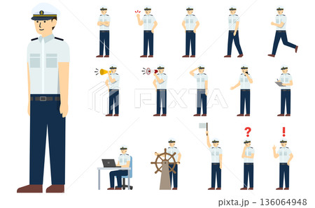 フラットイラスト：船員セット(夏)表情あり 136064948