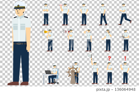 フラットイラスト：船員セット(夏)表情あり 136064948