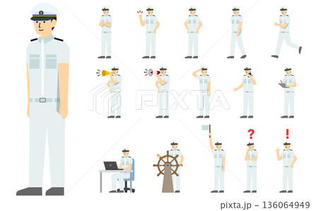 フラットイラスト：船員セット(白い制服)表情あり 136064949