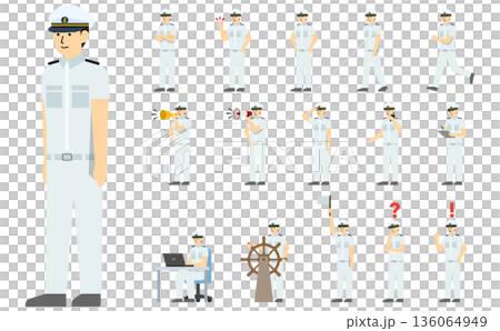 フラットイラスト：船員セット(白い制服)表情あり 136064949