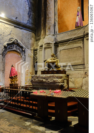 Igreja Sao Domingos Lisbon fire damaged church interior red vaulted ceiling stone columns golden altar historic cathedral Portugal. High quality photo 136065067