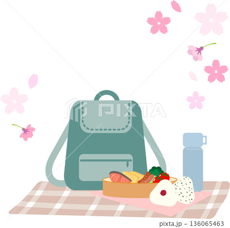 春の遠足セットイラスト（お弁当・リュック・桜） 136065463