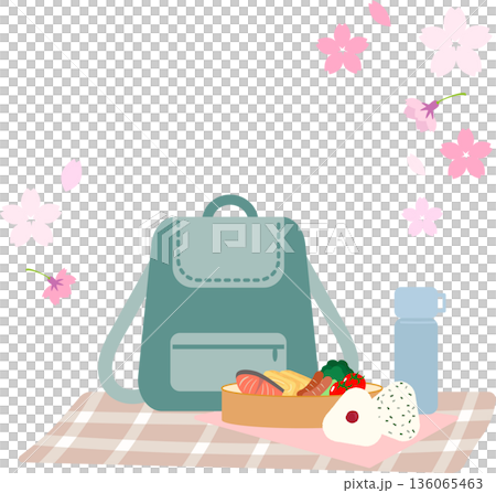 春の遠足セットイラスト（お弁当・リュック・桜） 136065463