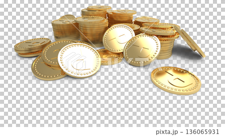 ポイ活イメージ　積み重ねられたゴールドコイン　CG 136065931