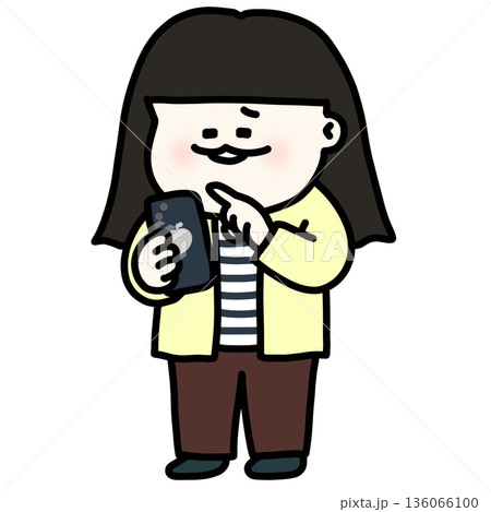 推しの動画にいいねする女の子 黄色いカーディガン 背景透過 136066100