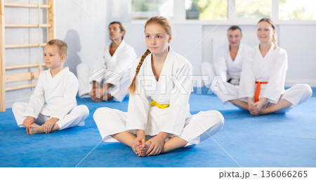 Family during group karate training with trainer in gym performs stretching of muscles by performing butterfly exercise 136066265