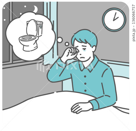 夜間頻尿で夜中にトイレに起きる男性のイラスト(糖尿病・睡眠障害・前立腺肥大) 夜間頻尿で夜中にトイレに起きる男性のイラスト(糖尿病・睡眠障害・前立腺肥大) 136066757