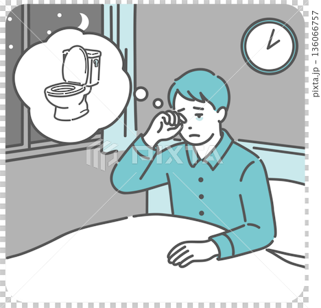 Illustration of a man who wakes up in the middle of the night to go to the toilet due to frequent urination (diabetes, sleep disorder, prostate enlargement) 136066757