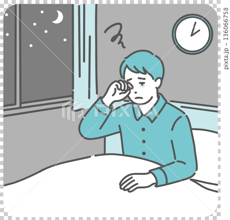 夜中に目が覚めて眠れない・中途覚醒の男性のイラスト（睡眠障害・不眠・ストレス） 136066758