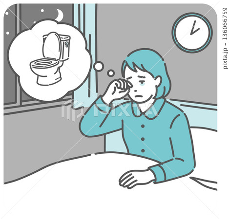 夜間頻尿で夜中にトイレに起きる女性のイラスト（糖尿病・膀胱炎・過活動膀胱） 136066759