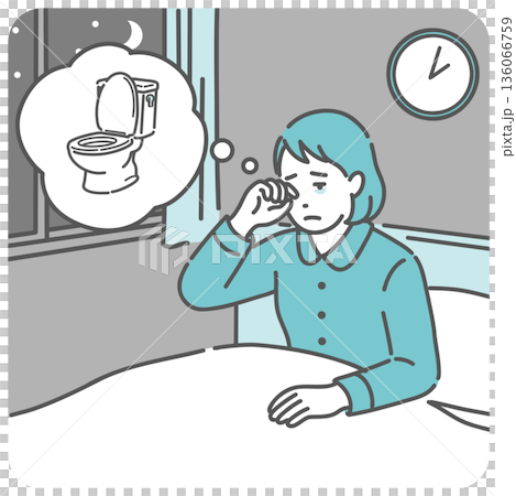 插圖描繪了一位女性因頻繁排尿（糖尿病、膀胱炎、膀胱過動症）而在半夜醒來上廁所的情景。 136066759
