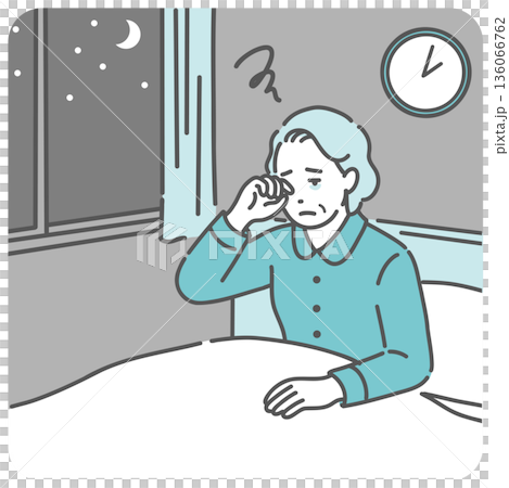插圖描繪了一位老婦人在半夜醒來後無法入睡(失眠、半夜醒來、失智症) 插圖描繪了一位老婦人在半夜醒來後無法入睡(失眠、半夜醒來、失智症) 136066762