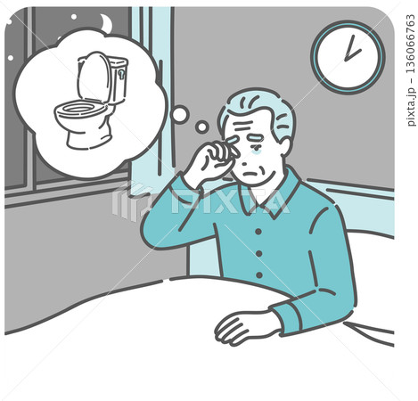 夜間頻尿で夜中にトイレに起きる高齢男性のイラスト（頻尿・前立腺肥大・睡眠障害） 136066763