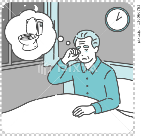 夜間頻尿で夜中にトイレに起きる高齢男性のイラスト（頻尿・前立腺肥大・睡眠障害） 136066763