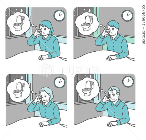 夜間頻尿で夜中にトイレに起きる男女・高齢者のイラストセット（頻尿・尿漏れ・睡眠障害） 136066765