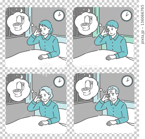 夜間頻尿で夜中にトイレに起きる男女・高齢者のイラストセット（頻尿・尿漏れ・睡眠障害） 136066765