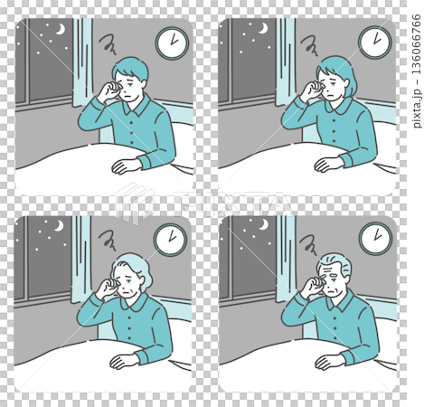 Illustration set of men, women, and elderly people who wake up in the middle of the night and cannot sleep (insomnia, waking up midnight, sleep disorder) 136066766