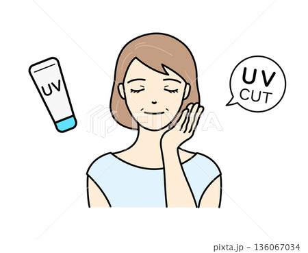 頬に手を当てて微笑むシニア女性と日焼け止めの美容イラスト 136067034