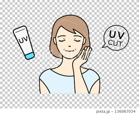 頬に手を当てて微笑むシニア女性と日焼け止めの美容イラスト 136067034