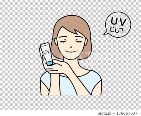 A beauty illustration of a middle-aged woman holding sunscreen and smiling gently 136067037