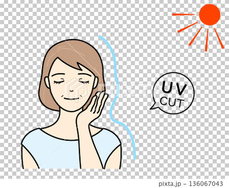 強い日差しの中でもしっかりUVカットしている笑顔のシニア女性のイラスト 136067043