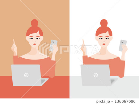 パソコンとスマートフォンを使う女性のイラスト素材 136067080