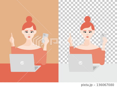 パソコンとスマートフォンを使う女性のイラスト素材 136067080