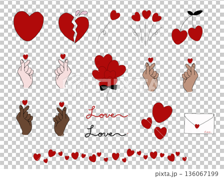 心形手勢和心形邊框套裝（帶邊框，透明 PNG 格式） 136067199