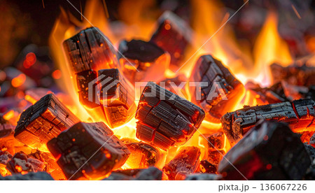 Burning Coal with Intense Flames Background 136067226