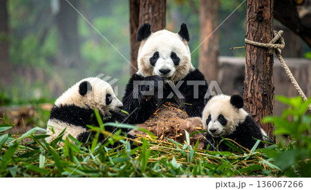 Panda Family Eating Bamboo in Natural Habitat Panda Family Eating Bamboo in Natural Habitat 136067266