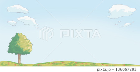 青空と草原と一本の木 手描きの風景背景イラスト素材 136067293