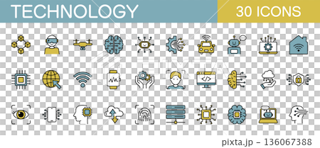 Technology icon set: IT, AI, smart home, drones, etc. (Color) Technology icon set: IT, AI, smart home, drones, etc. (Color) 136067388