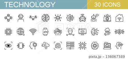 テクノロジーに関するアイコンセット　IT・AI・スマートホーム・ドローンなど 136067389